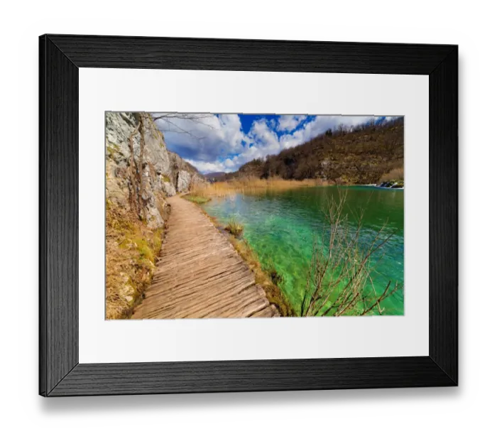 Framed Print : Plitvice Lakes boardwalk by water, spring day