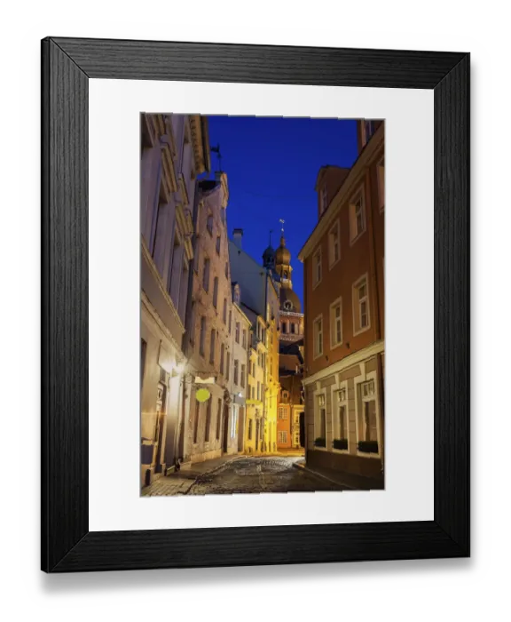 Framed Print : Latvia, Riga, View of illuminated street in old town and Riga Cathedral at dusk Framed Print : Latvia, Riga, View of illuminated street in old town and Riga Cathedral at dusk