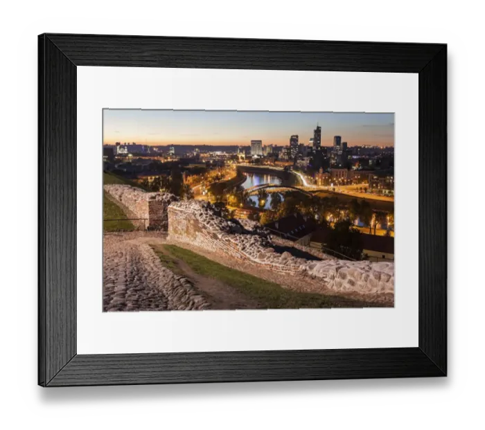 Framed Print : Lithuania, Vilnius, Illuminated riverfront cityscape seen from elevation on opposite bank Framed Print : Lithuania, Vilnius, Illuminated riverfront cityscape seen from elevation on opposite bank