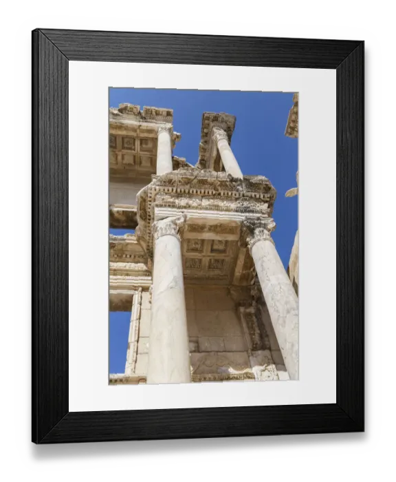 Framed Print : A close up cropped low angle view of the Library of Celsus at the Ephesus ancient city historic site Framed Print : A close up cropped low angle view of the Library of Celsus at the Ephesus ancient city historic site