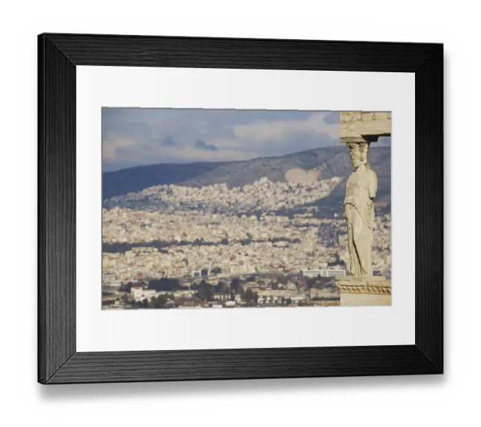 Framed Print : Hills of Athens seen behind Erechtheion caryatid Framed Print : Hills of Athens seen behind Erechtheion caryatid