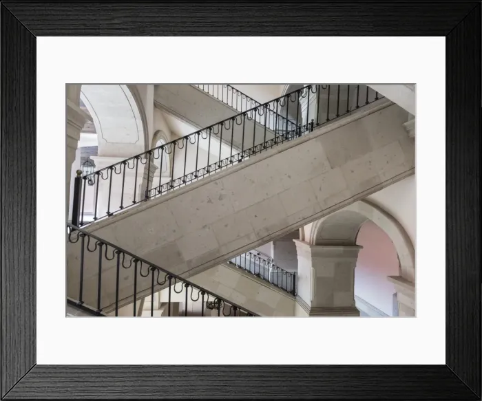 Framed Print : Marble stairways with ornate black metal railing