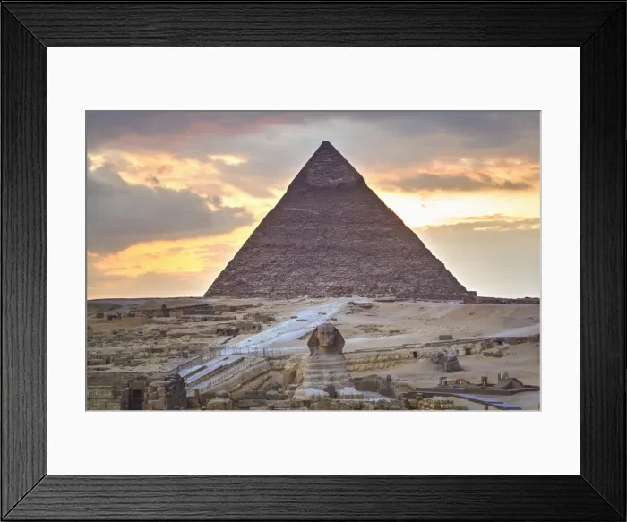 Framed Print : Sunset, Sphinx (foreground), The Pyramid of Chephren (background), The Pyramids of Giza Framed Print : Sunset, Sphinx (foreground), The Pyramid of Chephren (background), The Pyramids of Giza