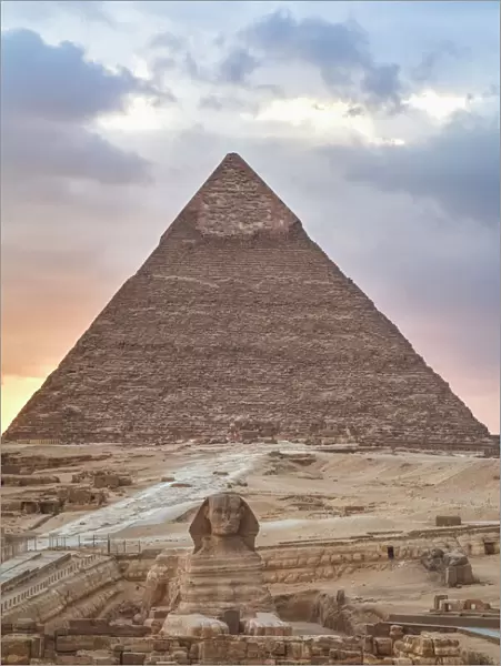 Sunset, Sphinx (foreground), The Pyramid of Chephren (background), The Pyramids of Giza