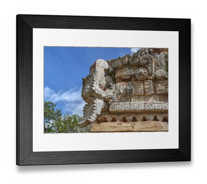 Framed Print : Serpents head with human face, The Palace, Labna, Mayan Ruins Framed Print : Serpents head with human face, The Palace, Labna, Mayan Ruins