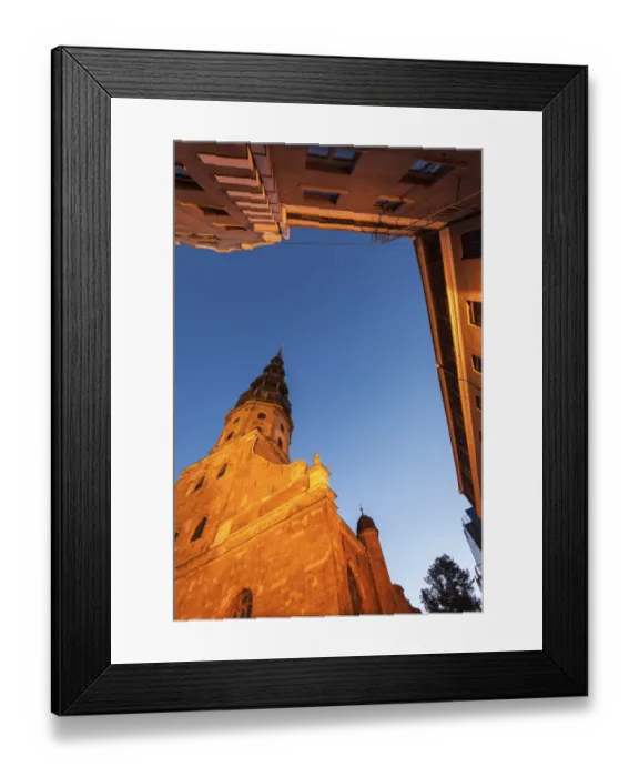 Framed Print : Latvia, Riga, Cropped view of St. Peters Church against clear sky