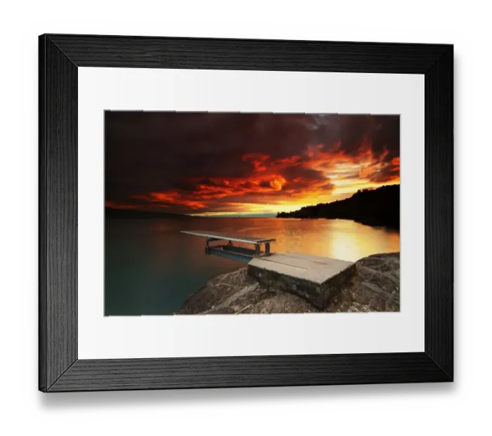 Framed Print : Fiery sunset over a diving board along Lake LA man Framed Print : Fiery sunset over a diving board along Lake LA man