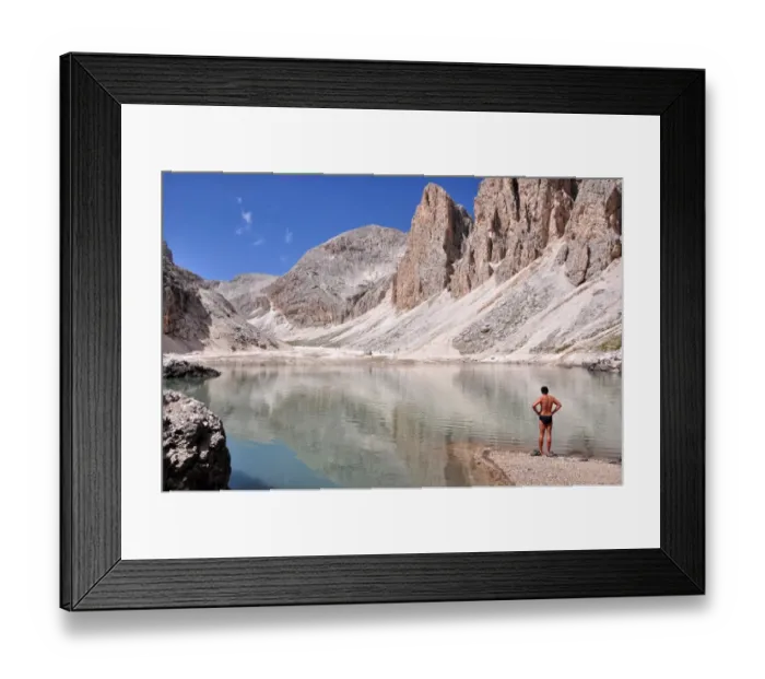 Framed Print : A man looks at the Lago di Antermoia, Rosengarten group, Dolomites, Trentino-Alto Adige / South Tyrol, Italy Framed Print : A man looks at the Lago di Antermoia, Rosengarten group, Dolomites, Trentino-Alto Adige / South Tyrol, Italy