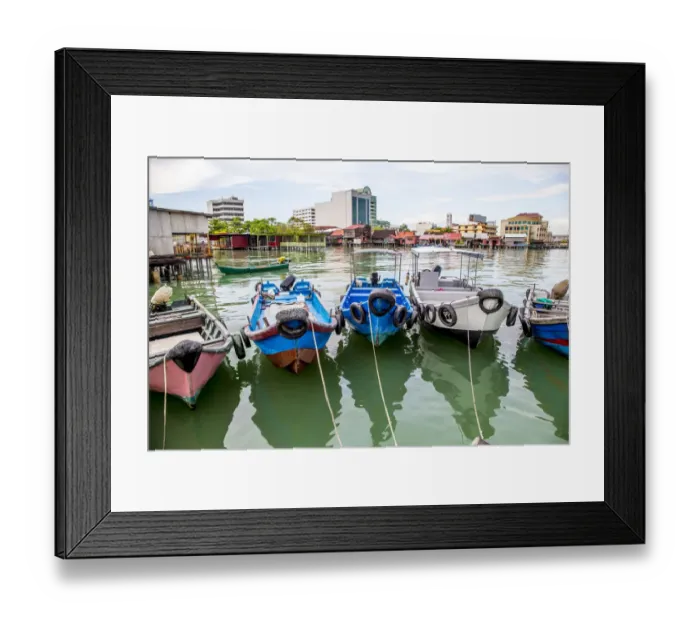 Framed Print : Fishing boats docked in urban harbor Framed Print : Fishing boats docked in urban harbor
