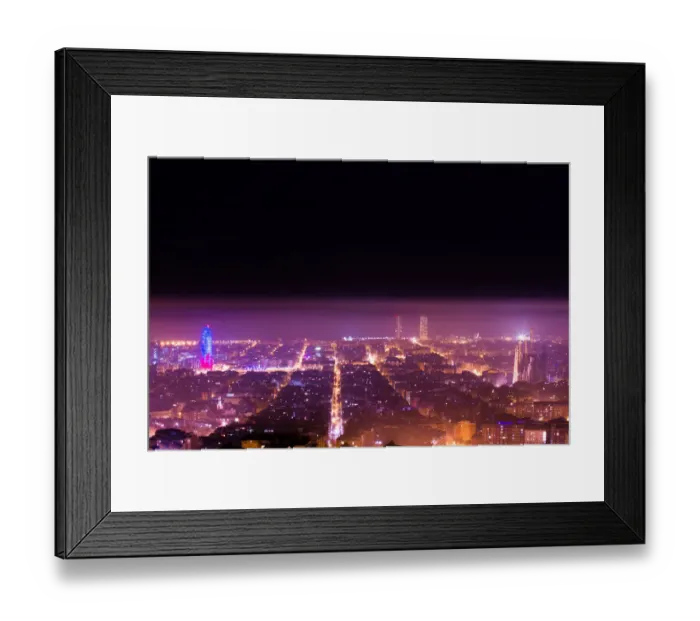 Framed Print : Barcelona cityscape with Sagrada Familia and Agbar tower illuminated at night between spring fog Framed Print : Barcelona cityscape with Sagrada Familia and Agbar tower illuminated at night between spring fog
