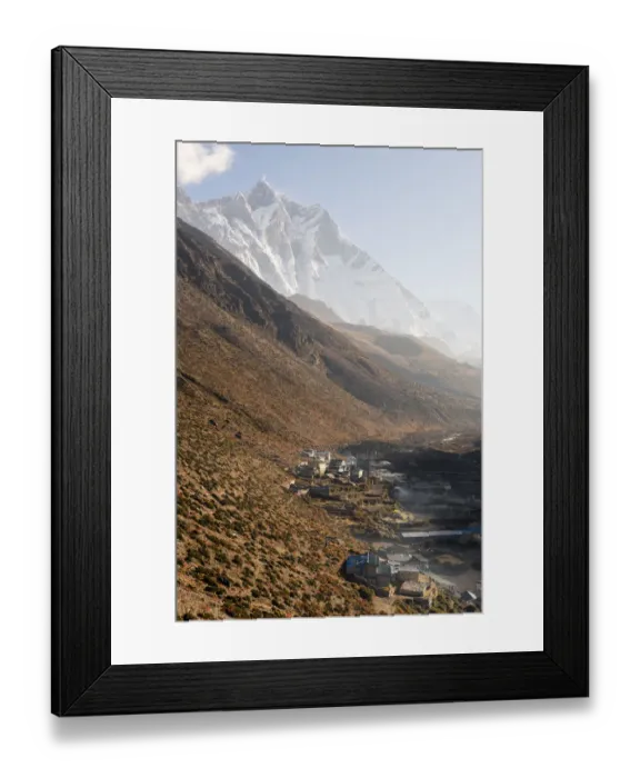 Framed Print : Lhotse mountain peak and Dingboche village, Everest region Framed Print : Lhotse mountain peak and Dingboche village, Everest region