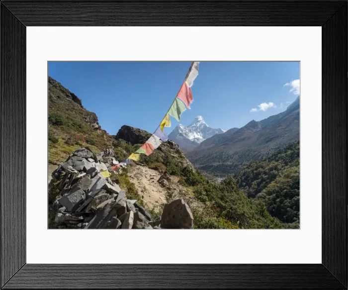 Framed Print : Ama Dablam mountain peak and prayer flag, Everest region Framed Print : Ama Dablam mountain peak and prayer flag, Everest region