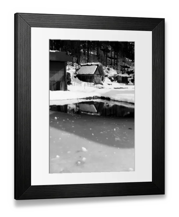 Framed Print : Hut. Ice formed in a rice paddy. But certain ice melted, Framed Print : Hut. Ice formed in a rice paddy. But certain ice melted,