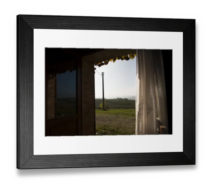 Framed Print : A window looking out to morning hill landscape of Val d Orcia Framed Print : A window looking out to morning hill landscape of Val d Orcia