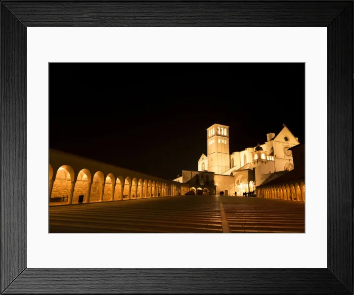 Framed Print : Arches along Piazza San Francesco at night with Basilica of San Francesco d Assisi in the background Framed Print : Arches along Piazza San Francesco at night with Basilica of San Francesco d Assisi in the background