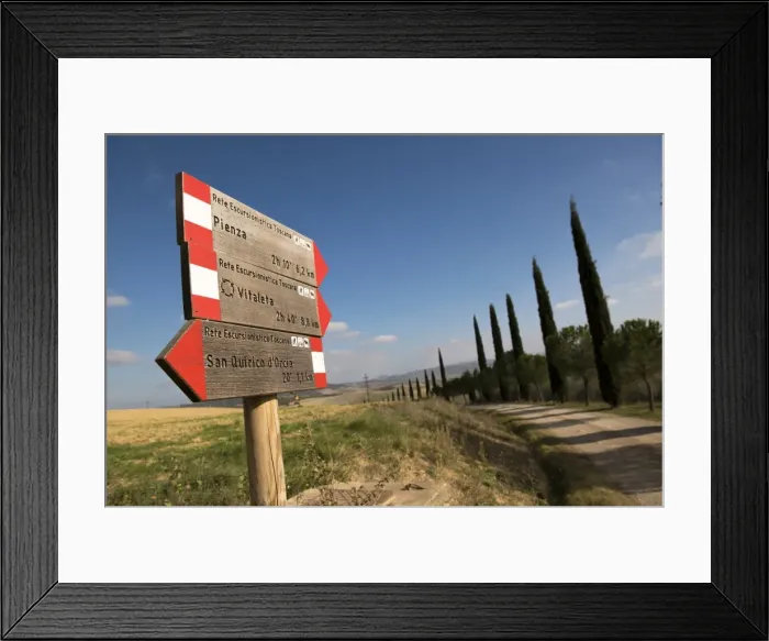 Framed Print : A directional sign to Pienza, San Quirico and Vitaleta chapel in Val d Orcia Framed Print : A directional sign to Pienza, San Quirico and Vitaleta chapel in Val d Orcia