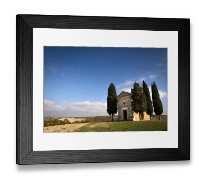 Framed Print : Front of Vitaleta chapel surrounded by Cypress trees, Val d Orcia Framed Print : Front of Vitaleta chapel surrounded by Cypress trees, Val d Orcia