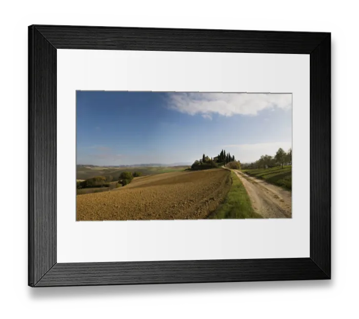 Framed Print : Landscape of Val d Orcia with dirt road, rolling hills and a house with cypress trees Framed Print : Landscape of Val d Orcia with dirt road, rolling hills and a house with cypress trees