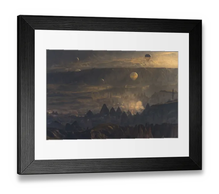 Framed Print : Hot air balloon over cappadocia rock landscape Framed Print : Hot air balloon over cappadocia rock landscape