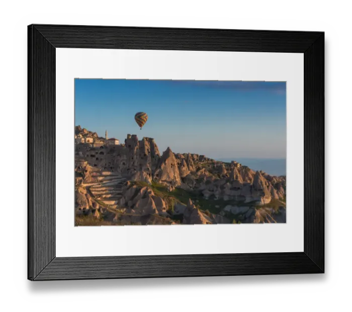 Framed Print : Hot air balloon over cappadocia rock landscape Framed Print : Hot air balloon over cappadocia rock landscape