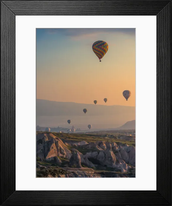 Framed Print : Hot air balloon over cappadocia rock landscape Framed Print : Hot air balloon over cappadocia rock landscape