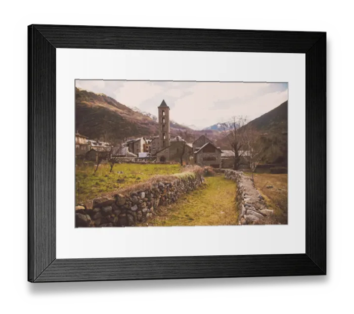 Framed Print : The Vall de Boi romanesque architecture with tall church and beautiful landscape in the Catalan Pyrenees Framed Print : The Vall de Boi romanesque architecture with tall church and beautiful landscape in the Catalan Pyrenees