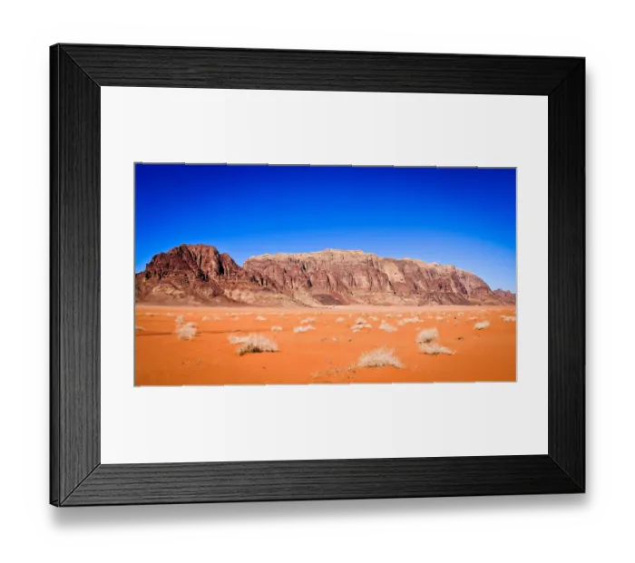 Framed Print : Panoramic view of Wadi Rum from a hilltop with clear blue sky background Framed Print : Panoramic view of Wadi Rum from a hilltop with clear blue sky background