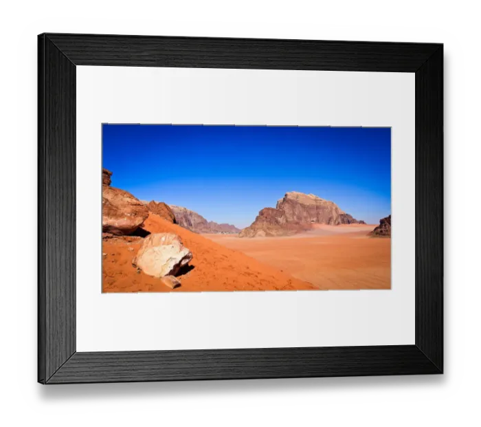 Framed Print : Panoramic view of Wadi Rum with sand dunes in forefront Framed Print : Panoramic view of Wadi Rum with sand dunes in forefront