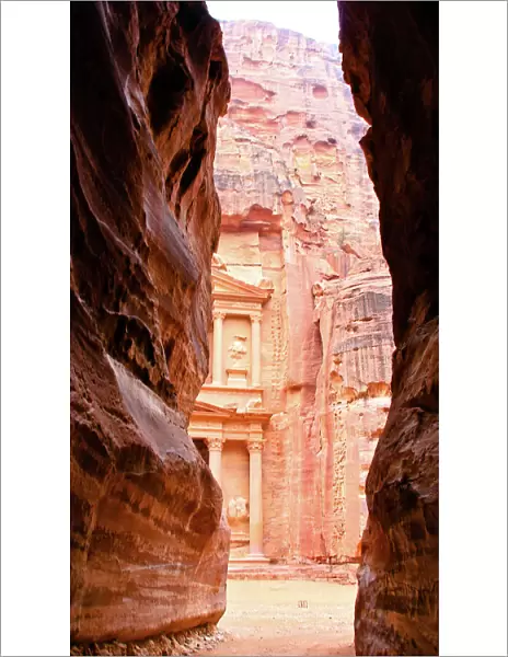 Petra Archaeological site - The Treasury seen from the Siq exit