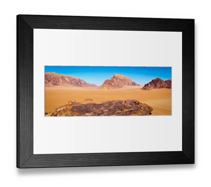 Framed Print : Panoramic view of Wadi Rum from a hilltop with clear blue sky background Framed Print : Panoramic view of Wadi Rum from a hilltop with clear blue sky background