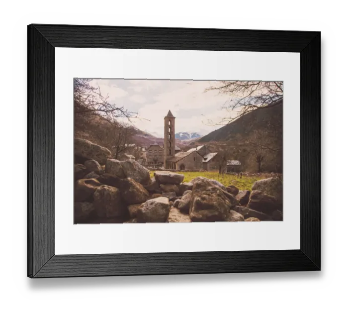 Framed Print : The Vall de Boi romanesque architecture with tall church and beautiful landscape in the Catalan Pyrenees Framed Print : The Vall de Boi romanesque architecture with tall church and beautiful landscape in the Catalan Pyrenees