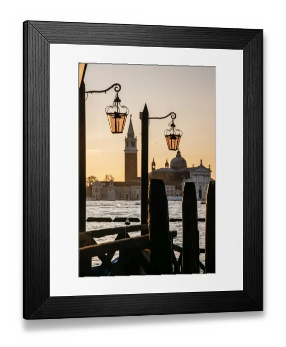 Framed Print : Venetian street lanterns with Church of San Giorgio Maggiore on the backround at sunrise Framed Print : Venetian street lanterns with Church of San Giorgio Maggiore on the backround at sunrise