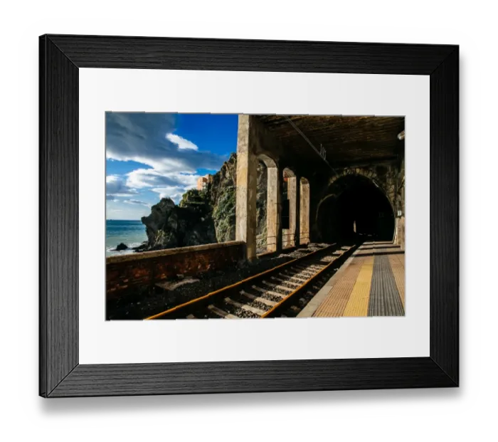 Framed Print : Railroad station platform of Riomaggiore village in Cinque Terre National Park, Liguria, Italy Framed Print : Railroad station platform of Riomaggiore village in Cinque Terre National Park, Liguria, Italy
