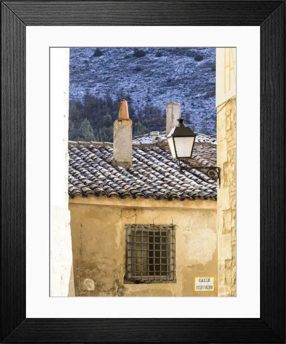 Framed Print : Narrow street with snow covered roof in the city of Cuenca Framed Print : Narrow street with snow covered roof in the city of Cuenca