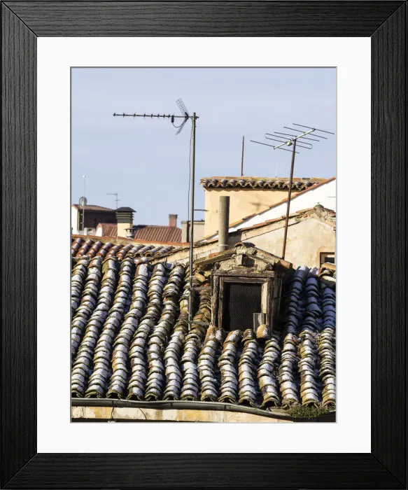 Framed Print : Ancient ceiling of tiles with a window and antennas of television Framed Print : Ancient ceiling of tiles with a window and antennas of television