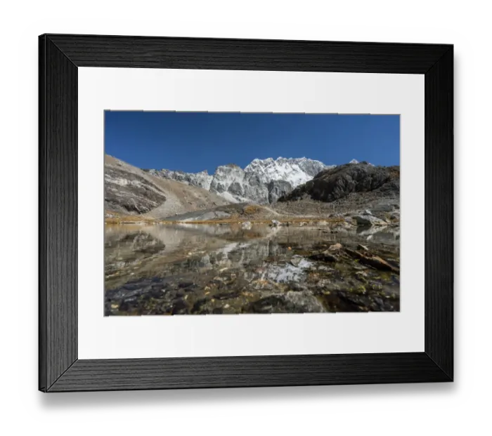 Framed Print : Nuptse mountain and small lake reflection, Everest region Framed Print : Nuptse mountain and small lake reflection, Everest region