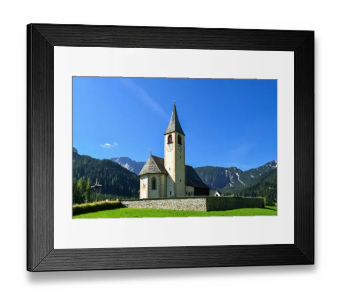 Framed Print : Alpine chapel with Dolomitic landscape in South Tyrol, Italy Framed Print : Alpine chapel with Dolomitic landscape in South Tyrol, Italy