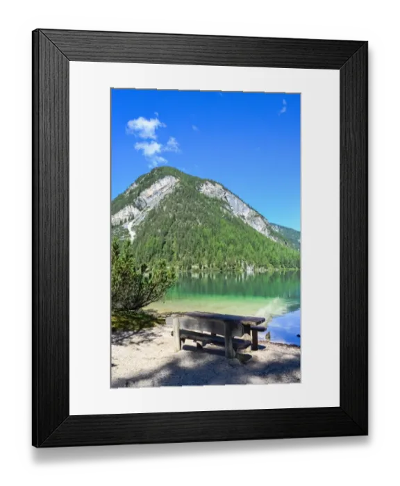 Framed Print : Empty bench looking at Lake Braies on a perfect sunny day, South Tyrol, Italy Framed Print : Empty bench looking at Lake Braies on a perfect sunny day, South Tyrol, Italy