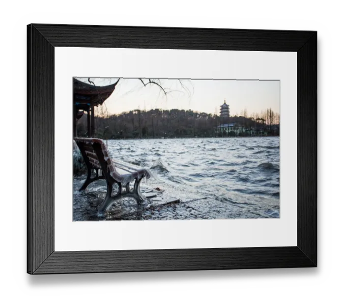Framed Print : Icicles on bench against the Leifeng Pagoda by the West Lake, Hangzhou, Zhejiang, China Framed Print : Icicles on bench against the Leifeng Pagoda by the West Lake, Hangzhou, Zhejiang, China