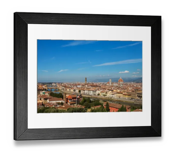 Framed Print : rooftop view of Basilica di Santa Maria del Fiore and Ponte Vecchio in Florence, Italy