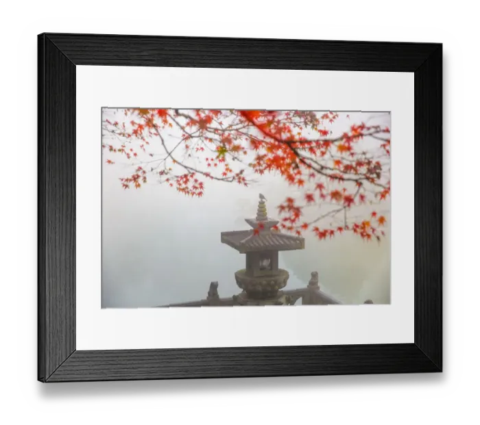 Framed Print : A bird perches on stone lantern under maple trees in foggy morning, Hangzhou Framed Print : A bird perches on stone lantern under maple trees in foggy morning, Hangzhou