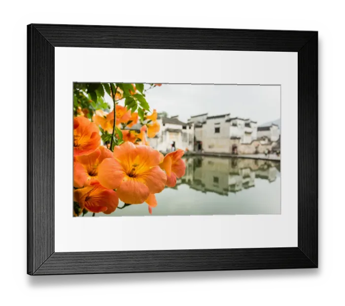 Framed Print : Hongcun Ancient Village with Chinese trumpet creeper, Huangshan, Anhui, China Framed Print : Hongcun Ancient Village with Chinese trumpet creeper, Huangshan, Anhui, China