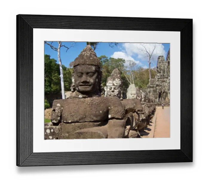 Framed Print : Statues on bridge at Angkor Thom South gate, towards the Bayon Temple, Siem Reap, Cambodia