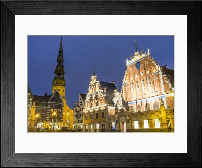 Framed Print : House of the Blackheads and spire of St. Peters Church at dusk. Ratslaukums Town Hall Square, Riga, Latvia Framed Print : House of the Blackheads and spire of St. Peters Church at dusk. Ratslaukums Town Hall Square, Riga, Latvia