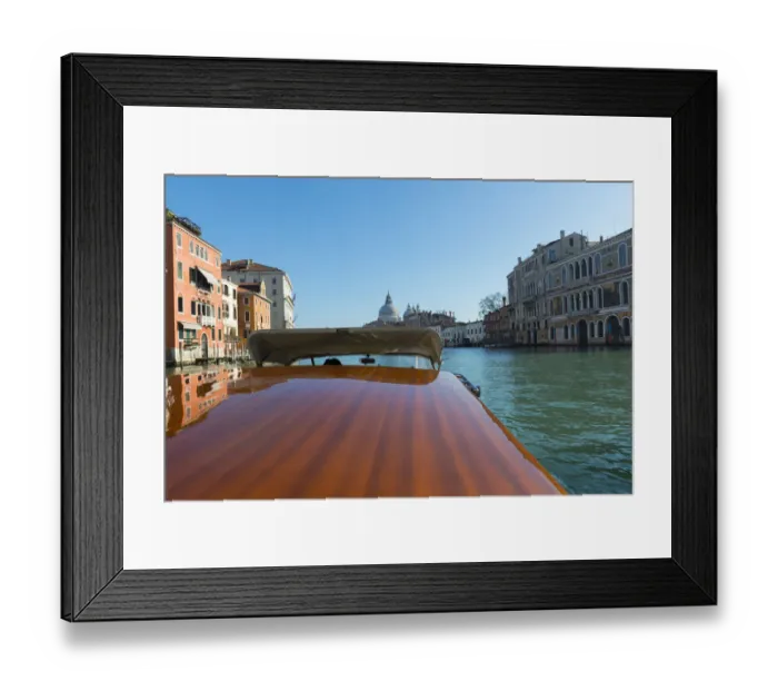 Framed Print : Taxi boat on Grand Canal and church Salute in Venice, Italy Framed Print : Taxi boat on Grand Canal and church Salute in Venice, Italy