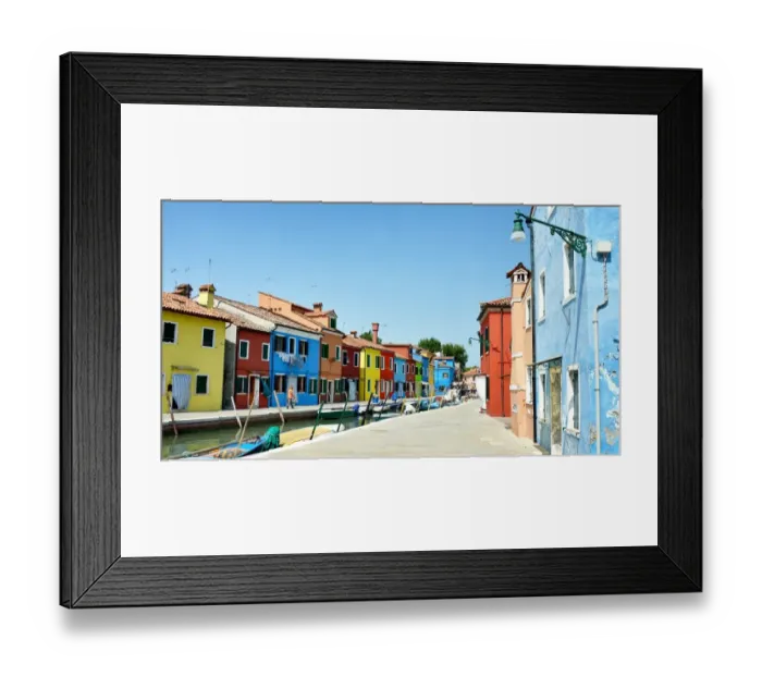 Framed Print : Canals of Burano with boats & colorful buildings Framed Print : Canals of Burano with boats & colorful buildings