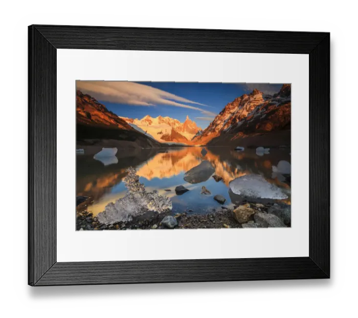 Framed Print : Sunrise at the mountain Cerro Torre with ice floes