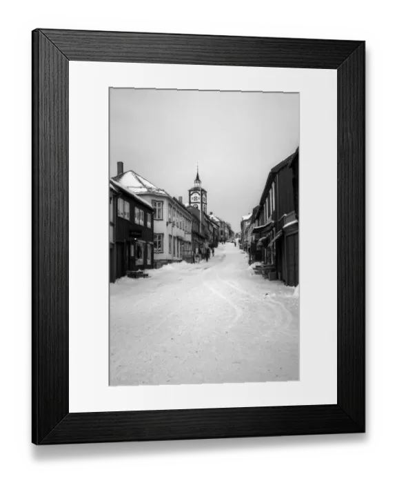Framed Print : Roros old town main church street in winter snow Framed Print : Roros old town main church street in winter snow