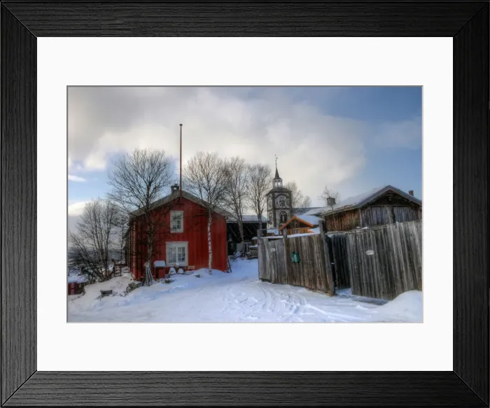 Framed Print : Roros old town church and wooden houses in winter Framed Print : Roros old town church and wooden houses in winter