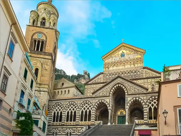 Duomo di Amalfi cathedral facade with bell tower, Amalfi, Italy